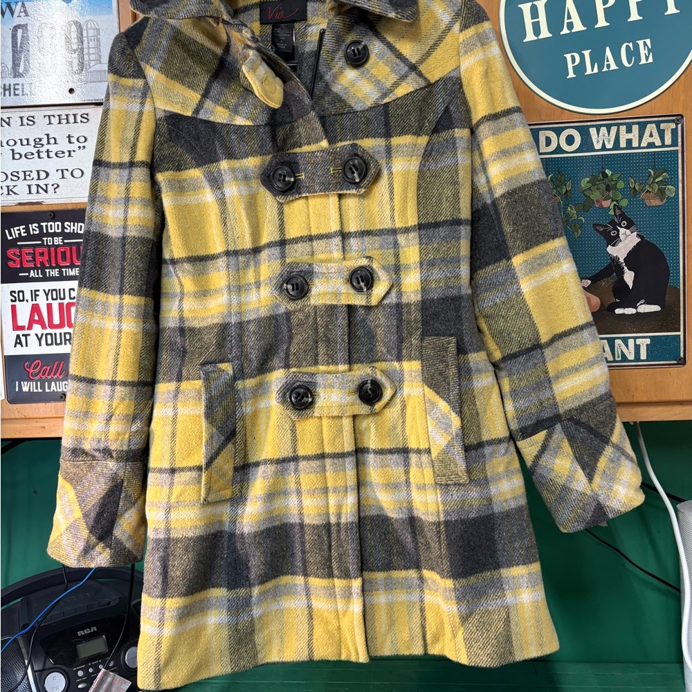Vibrant Yellow Plaid Double-Breasted Pea Coat
